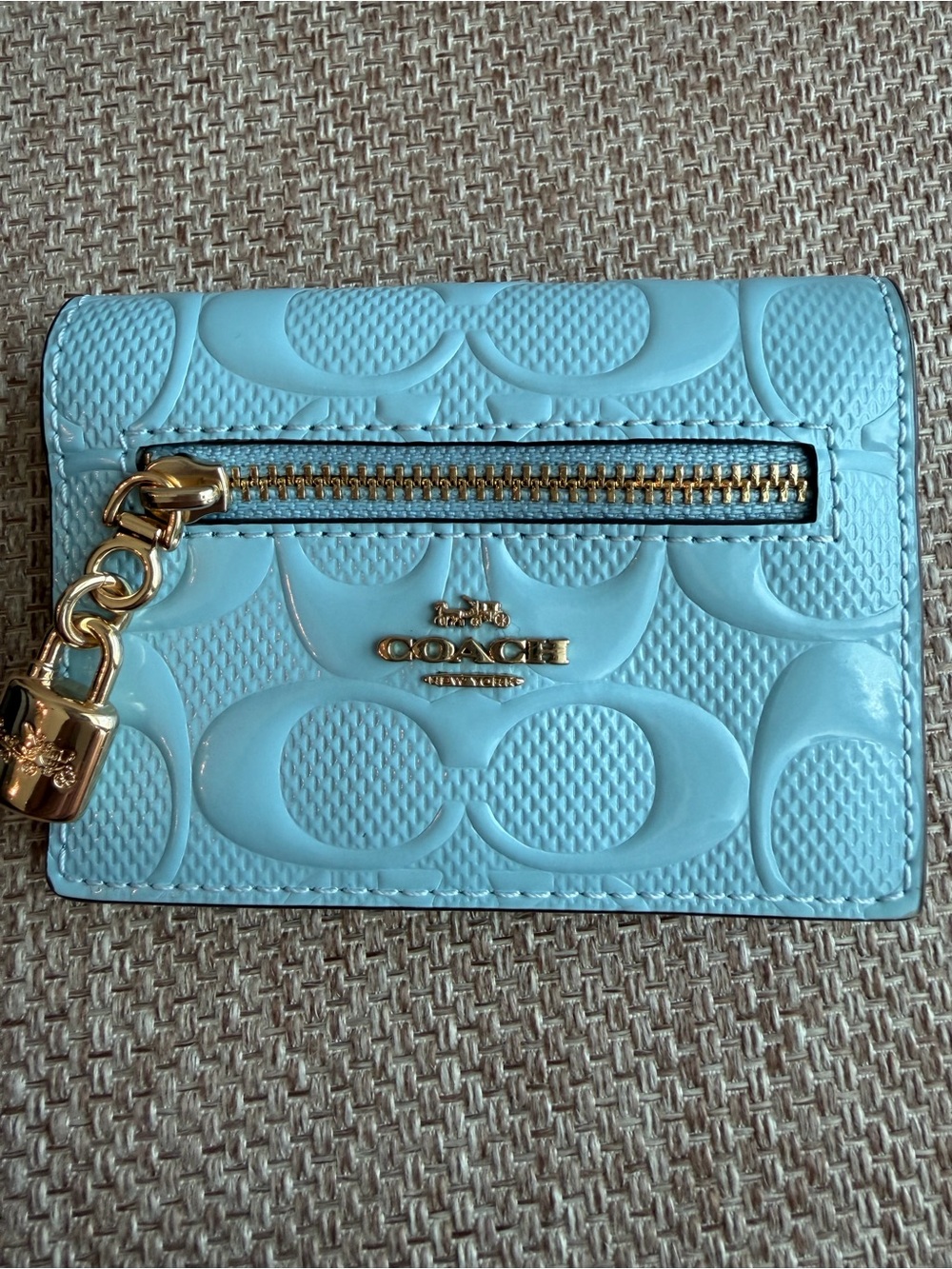 Coach Light Blue Signature Embossed Card Case with Gold Hardware